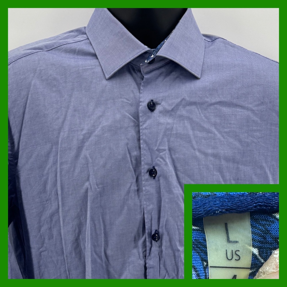 Bertigo Mens Dress Shirt Long Sleeve Blue Floral‎ Trim Button Down Large